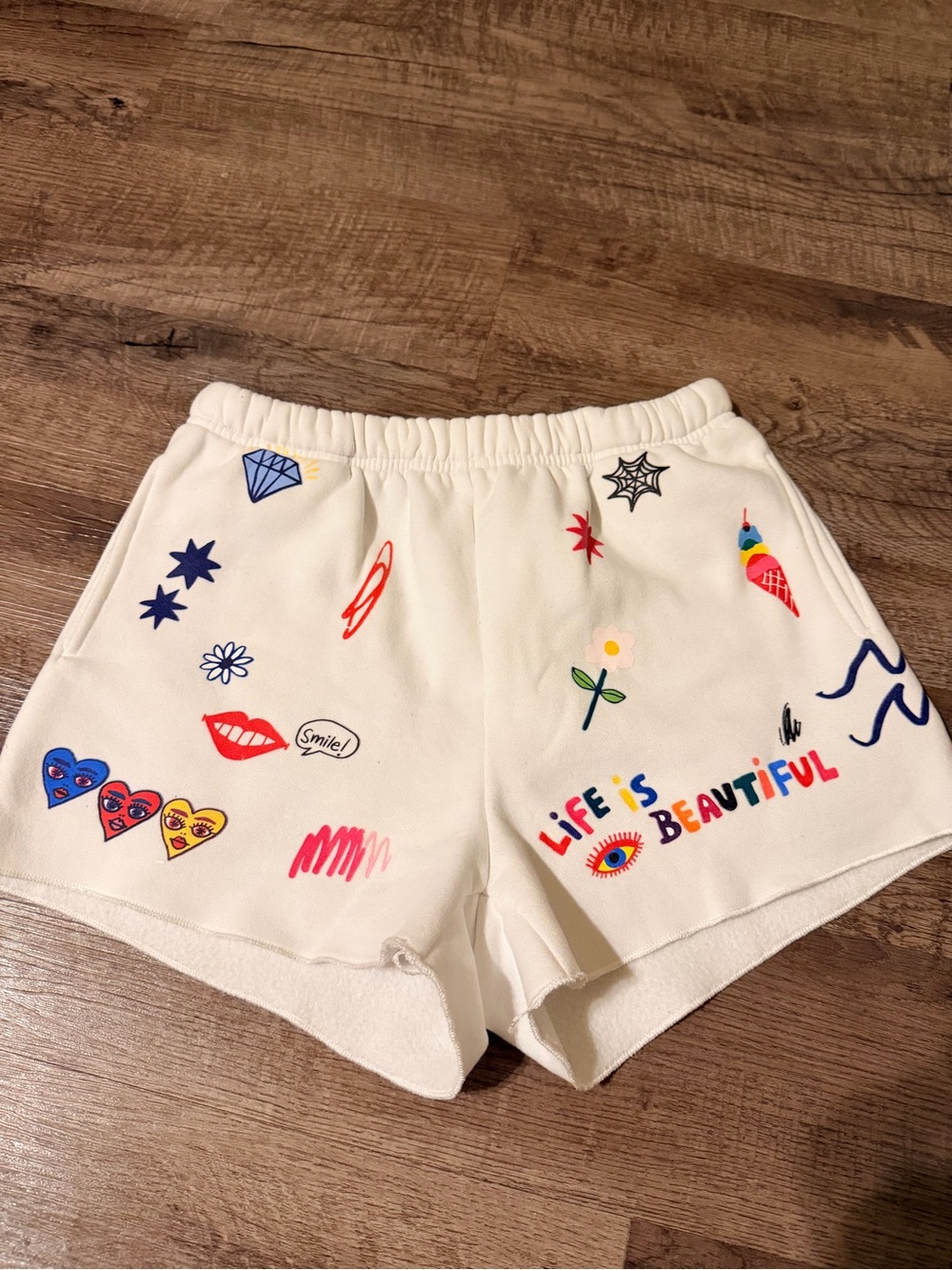 The Mayfair Group White 'Life Is Beautiful' Graphic Athletic Women’s Shorts XS